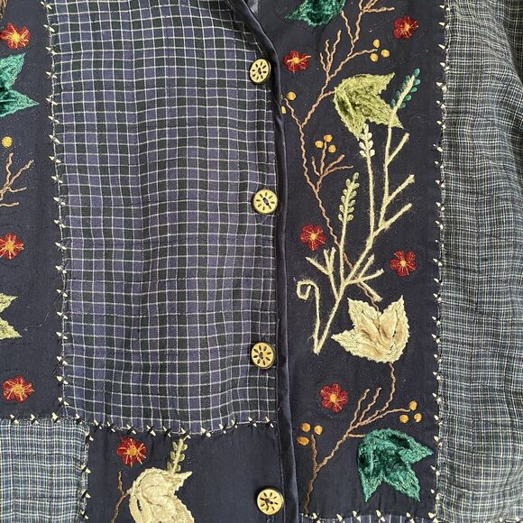 Life Style Patchwork Linen Jacket 1X Navy Floral Embroidered Cottage Boho Granny - Picture 7 of 10